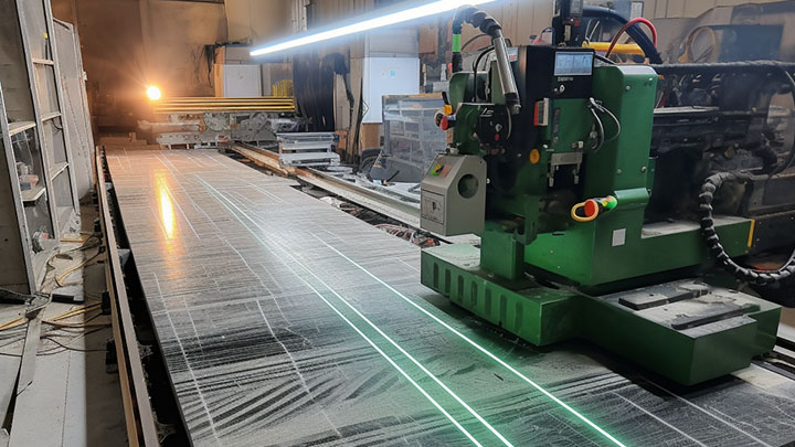 LWPRO's green line laser on the floor of a stone plant